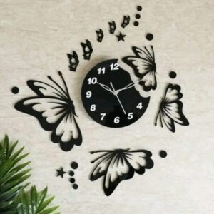 Flying Butterflies Wooden Wall Clock with Stars – 3D Self Adhesive Big Butterfly Design